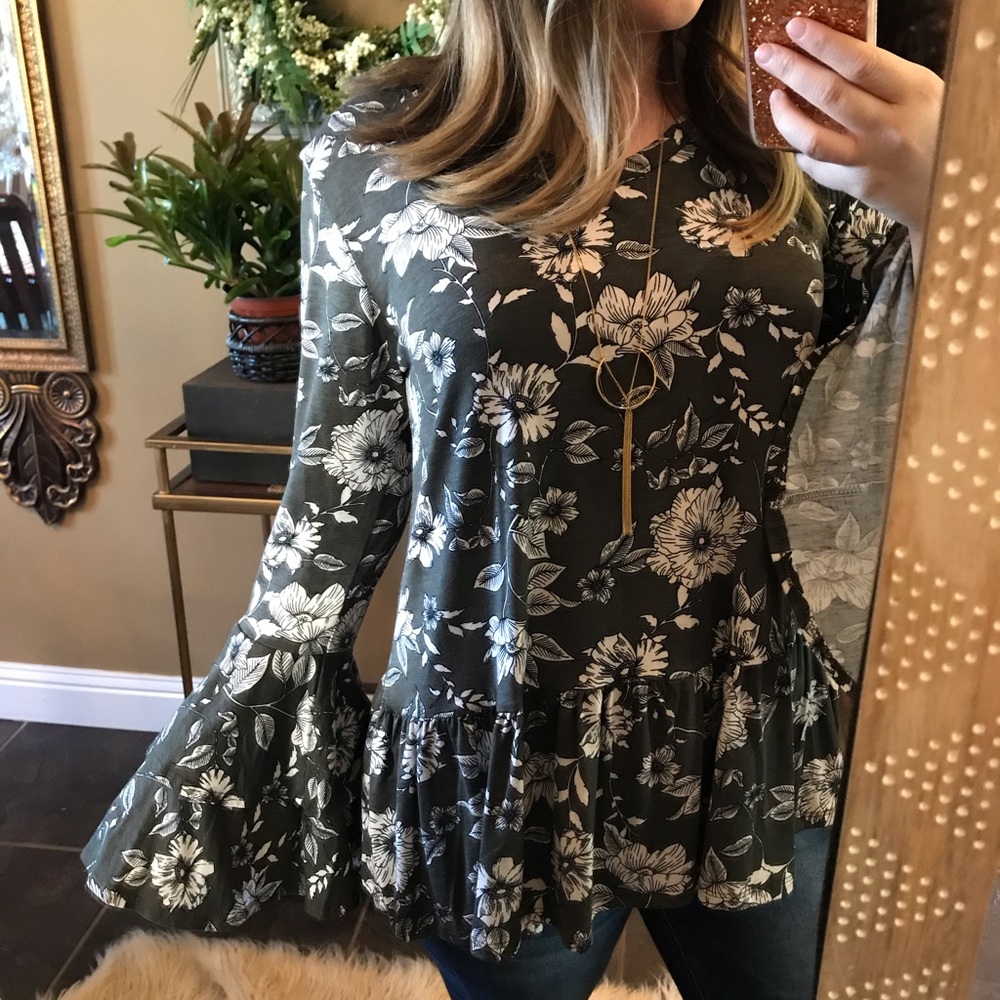 Olive Floral Bell Sleeve Top